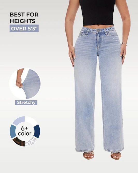 Mid-low waist loose jeans, women's stretch wide leg, distressed pants