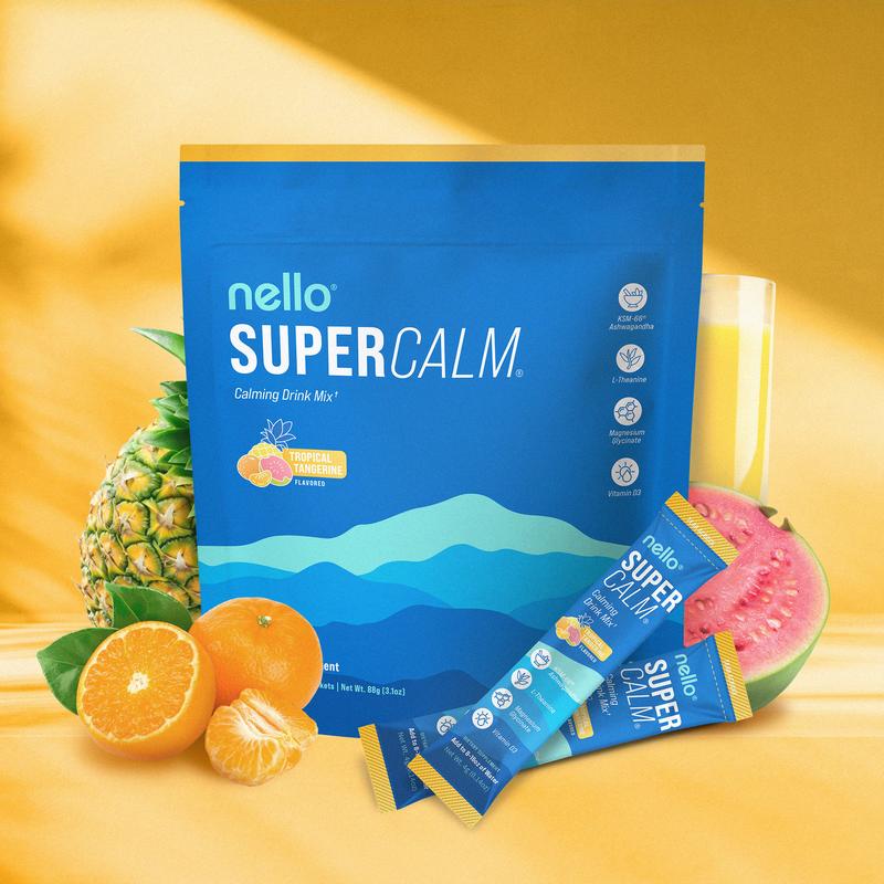 Nello Supercalm – Calming Drink Mix with KSM-66 Ashwagandha, Vitamin D3, Magnesium & L-Theanine – Supports Cortisol Balance, Mood & Sleep, Helps Manage Occasional Stress (20 Serving)!